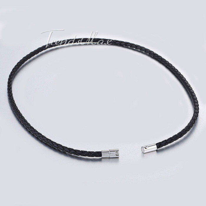 Men's Black Braided Leather Cord Necklace Choker Magnetic Clasp