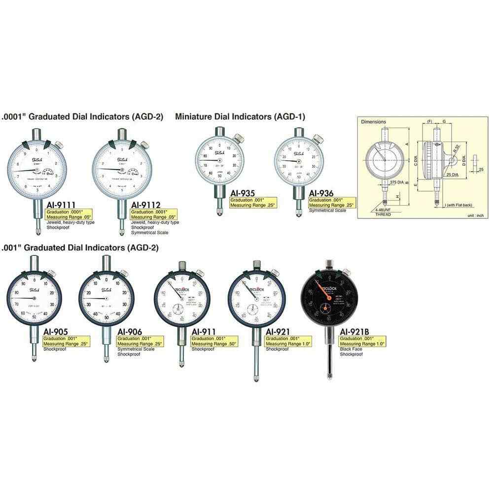 Teclock AI-921 Dial Indicator, 0-1" Range, 0-100 Reading, 2" Dial, 0.1" per Rev