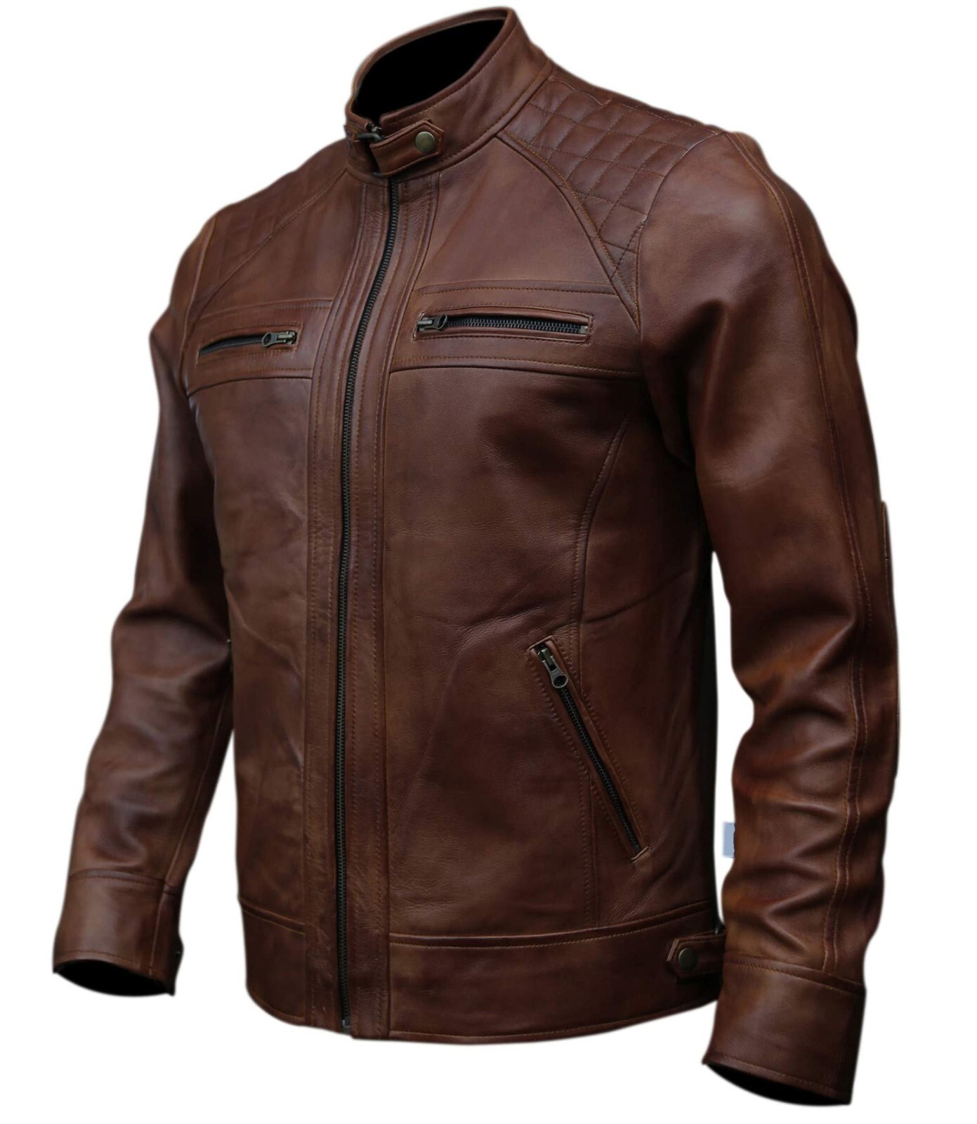 Men's Café Racer Biker Leather Jacket Black Brown Motorcycle Genuine Leather