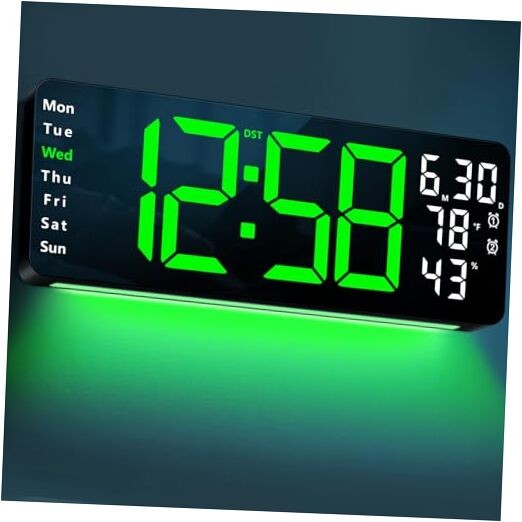 17.3" Large Digital Wall Mount Clock, Digital Clock with Remote Control, Green