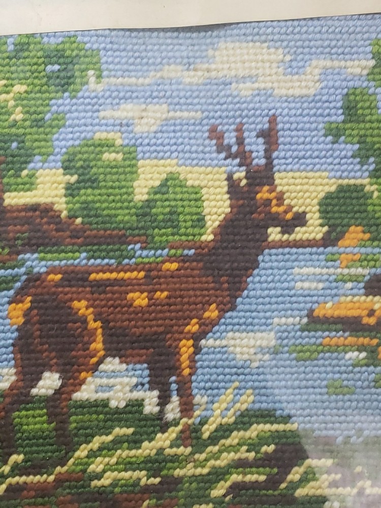 Vtg Handmade Needlepoint Deer Nature Framed