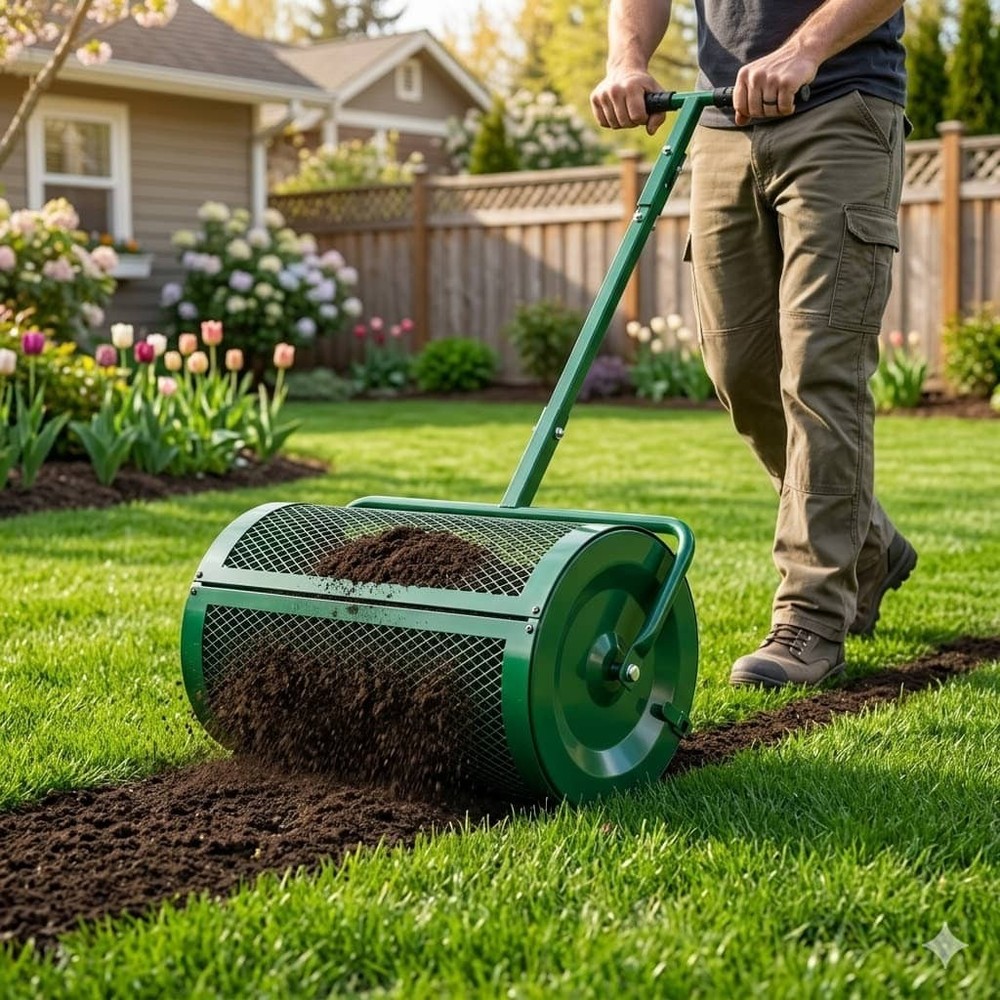 24"Compost Spreader Peat Moss Roller Adjustable Handle Lawn Garden Topsoil Green