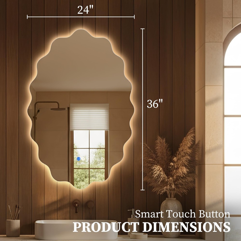 Oval Irregular Wave LED Bathroom Wall Mirror, Dimmable Backlit Mirror with 3 ...