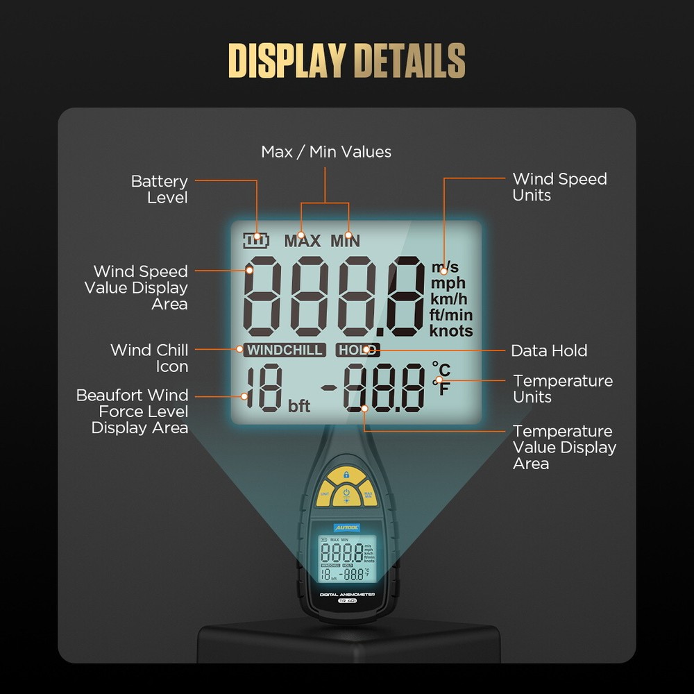 Digital Anemometer Wind Speed Meter 0~30m/s Test Wind BFT Wind Chill Temperature