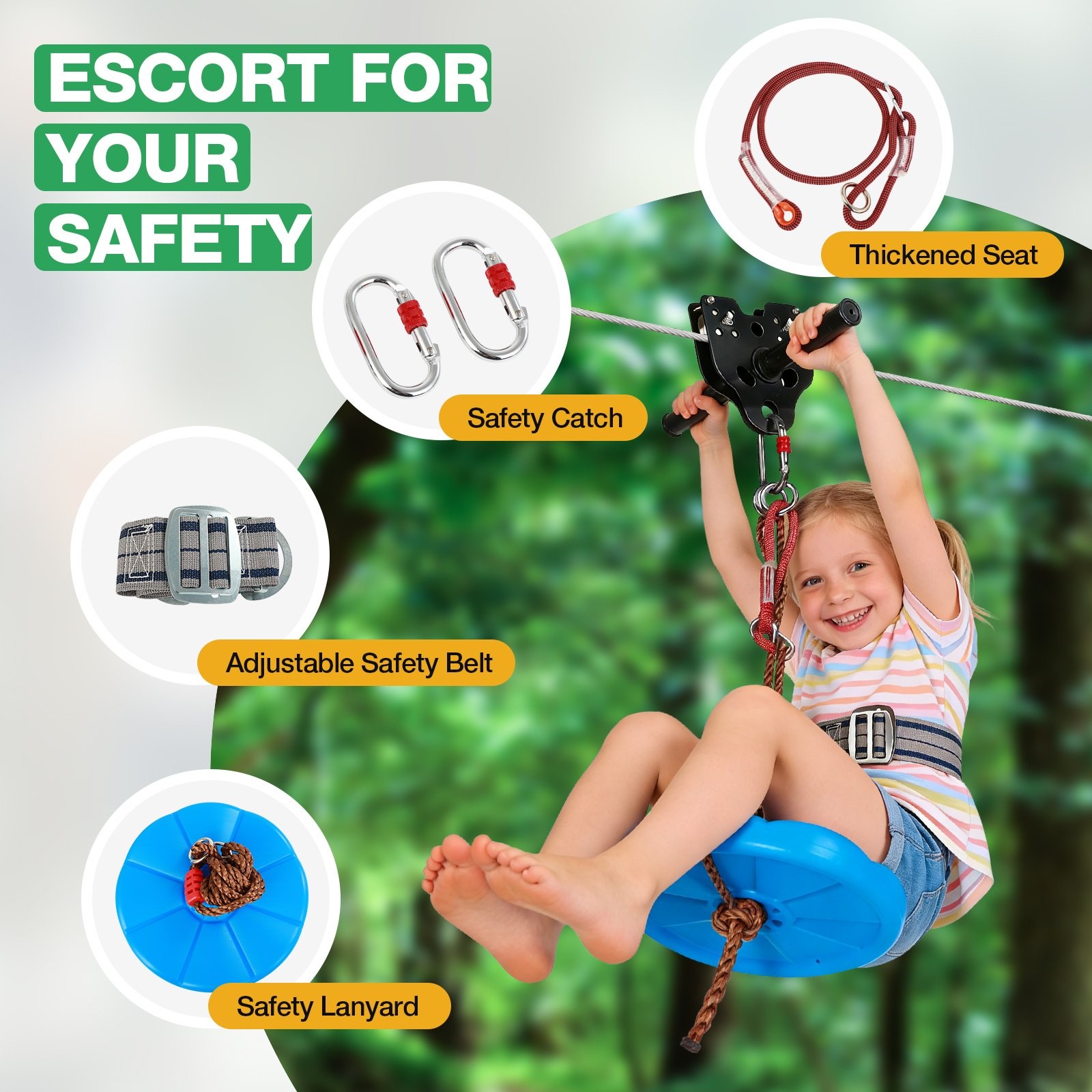 300FT Zip Line for Adults and Kids - Up To 400LBS Quick Tighten Zip Line Kit