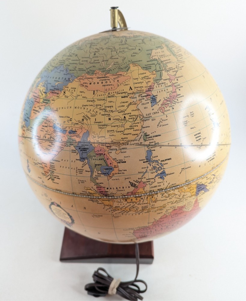 Replogle Illuminated Globe Vintage Wood Base Clock Lighted Rare EUC