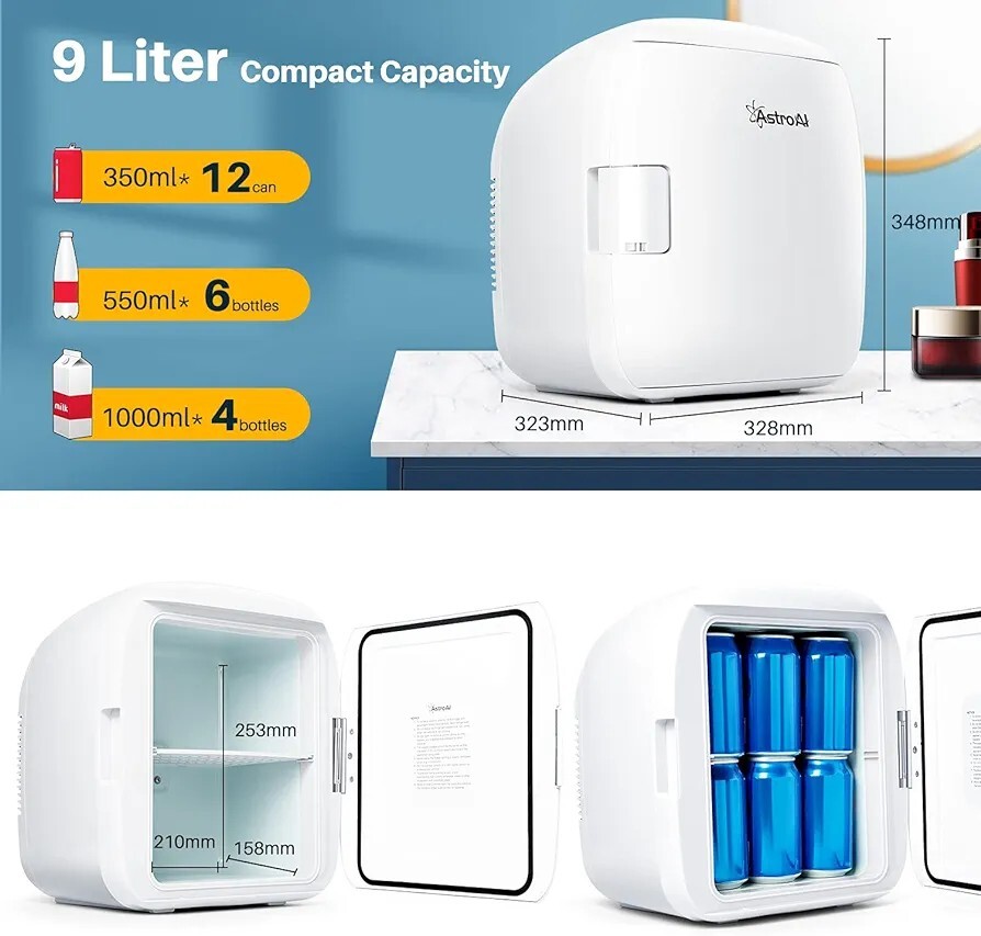 Mini fridge, holds 12 cans, cooling and warming.