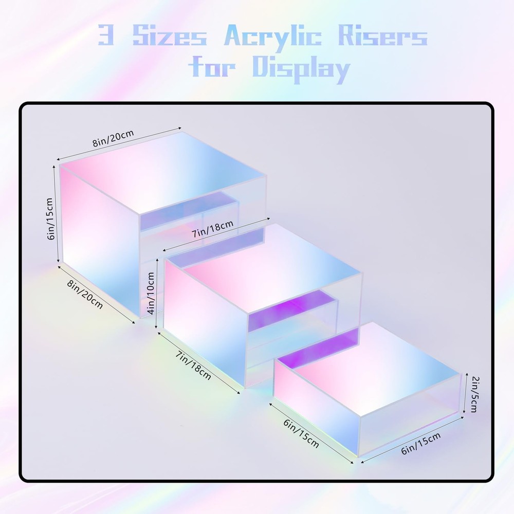 Iridescent Acrylic Cubes Display , 3pcs Stackable Risers Display Stands, Rain...