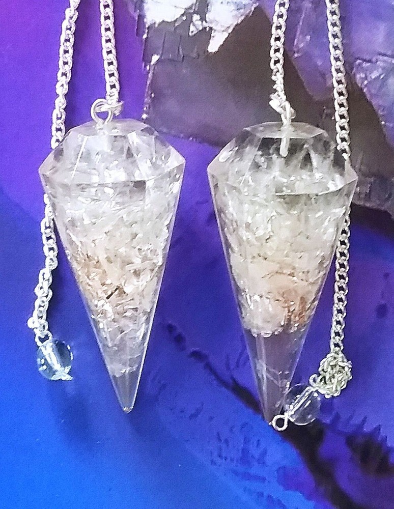 ORGONE CRYSTAL QUARTZ DOWSING PENDULUM, CRYSTAL PENDULUM WITH COPPER & POUCH