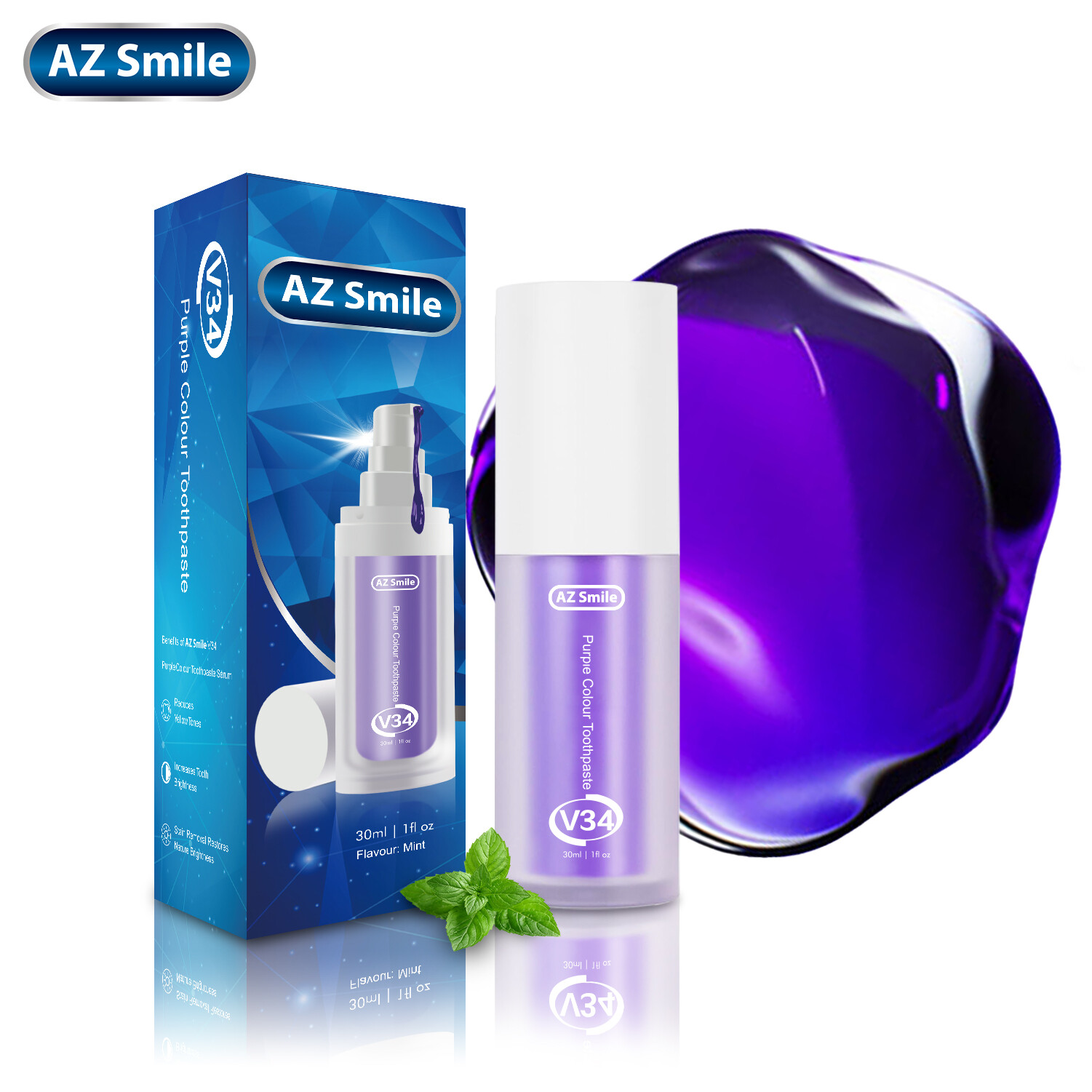 2PC AZSmile V34 Colour Corrector Purple Teeth Whitening Toothpaste Serum PAP