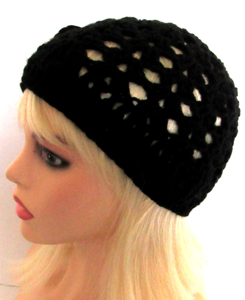 BOHO BEANIE HAT CAP SOLID BLACK OPEN WEAVE MESH HANDMADE CROCHET WITH FLOWER