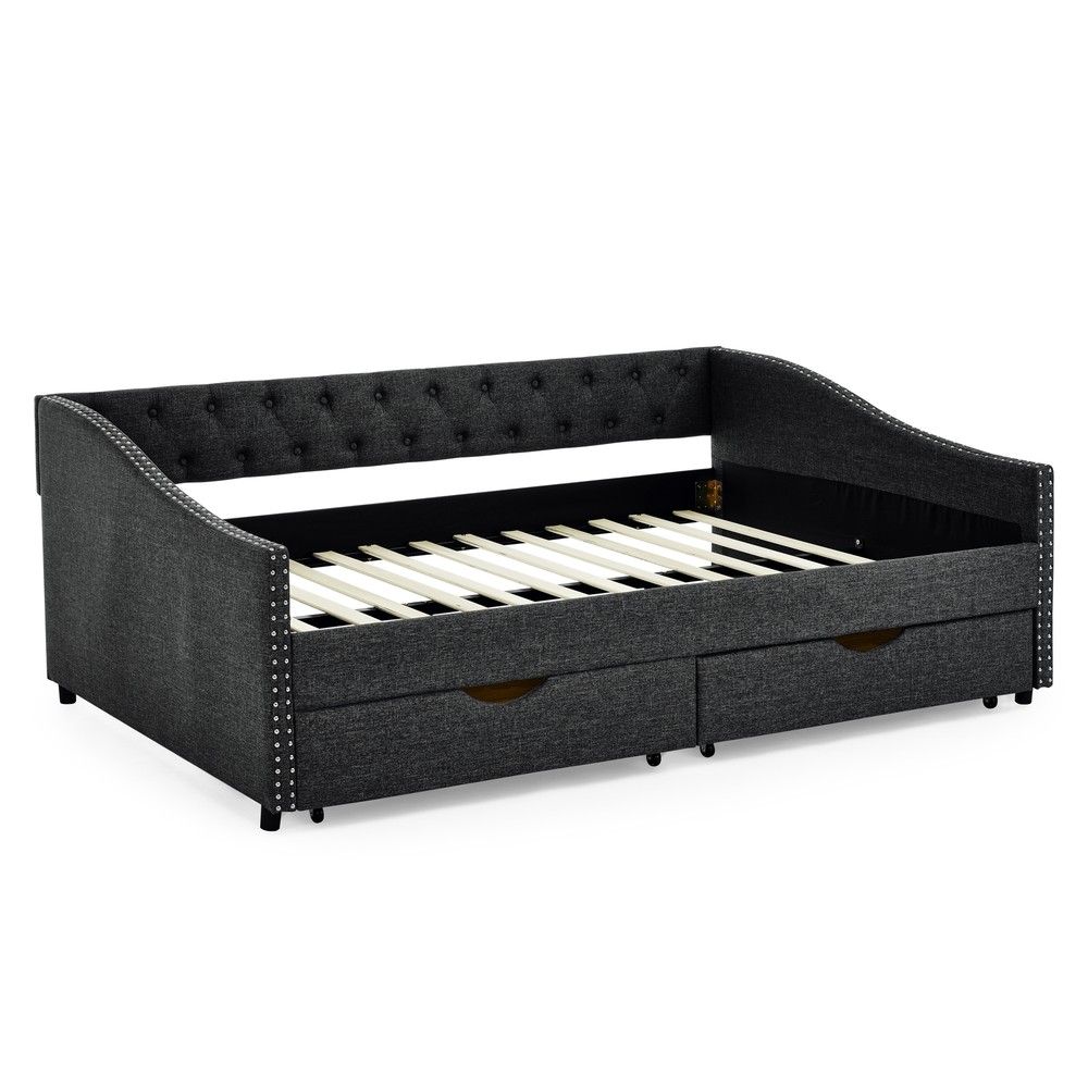 Full Size Daybed with Drawers Upholstered Tufted Sofa Bed, with Button on Back