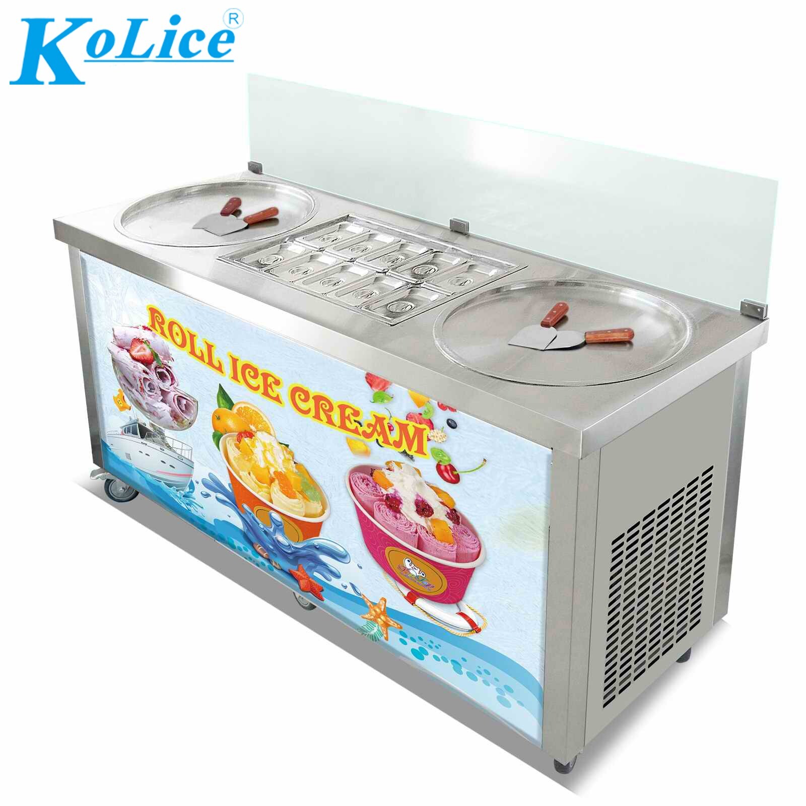 Kolice Commercial Rolled Ice Cream Machine-ETL,22" Double Pans,10 Coolated Tanks