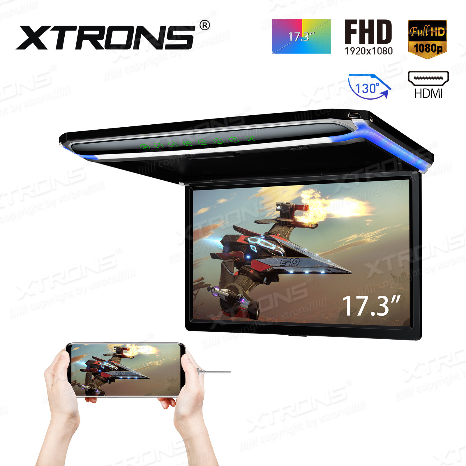 17.3" HDMI Car Roof Overhead Flip Down Monitor Full HD 1080P + Miracast Dongle