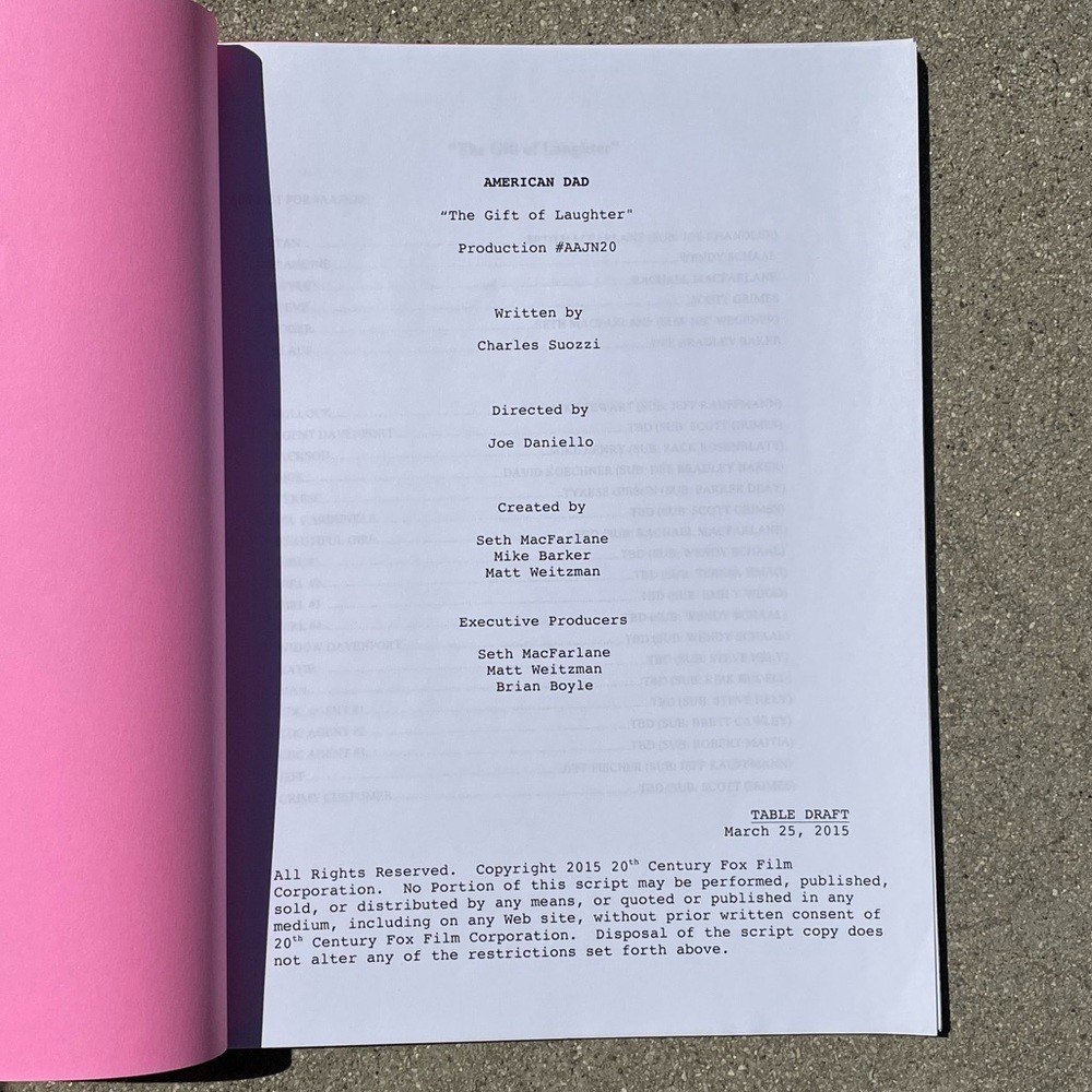 American Dad Dee Bradley Baker 2015 Original Production Used Table Draft Script