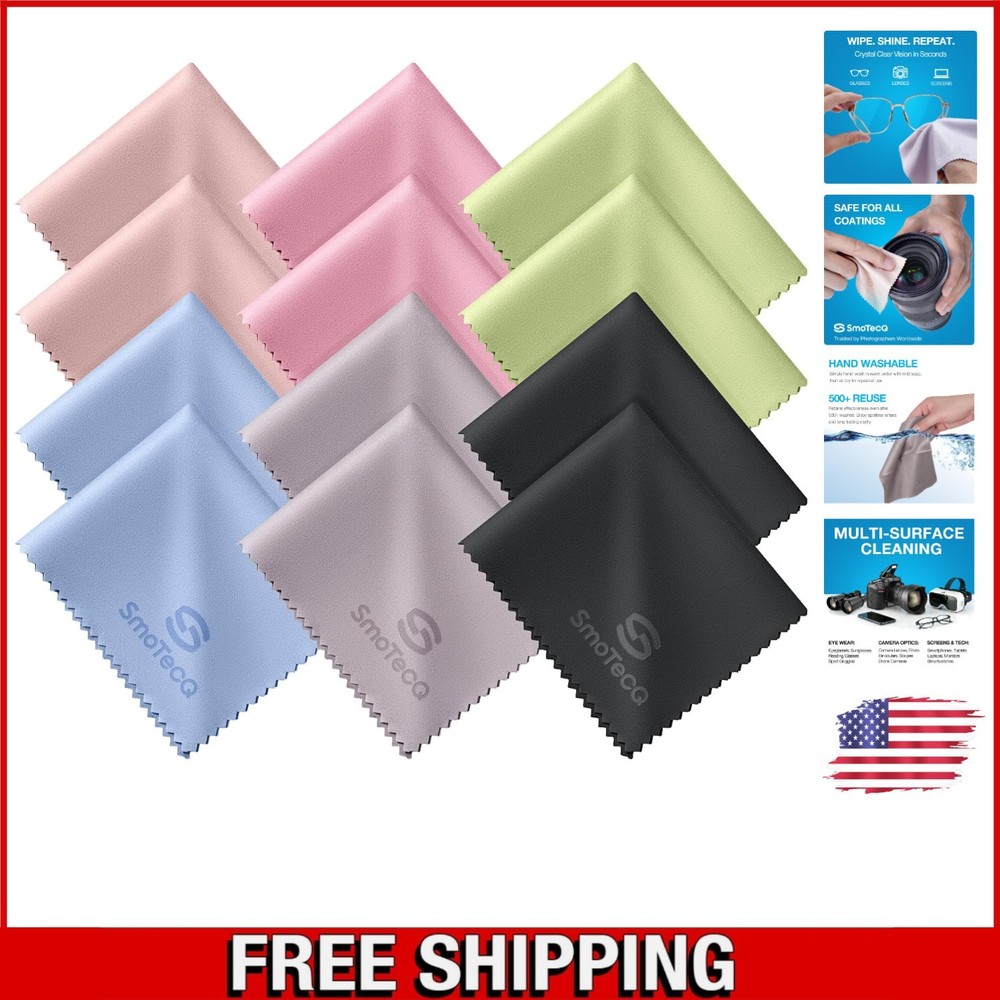 Versatile 12 Pack Microfiber Lens Cleaning Cloths - Assorted Colors & Durable