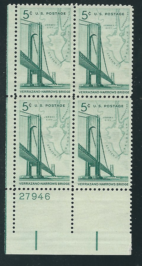 Scott # 1258 ...5 Cents...Verrazano Bridge...2 Plate Blocks