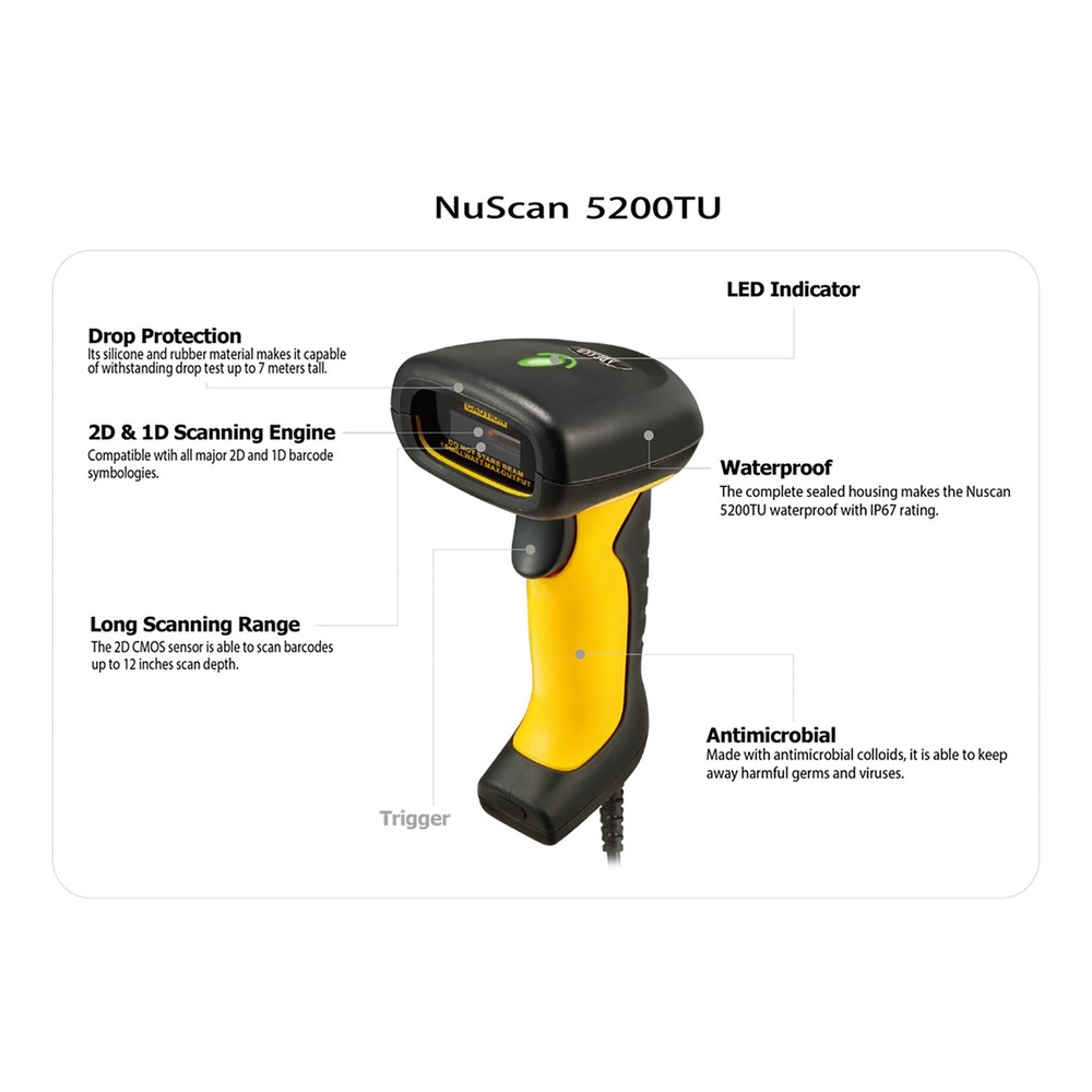 NuScan 5200T USB 2D Industrial Handheld Barcode Scanner