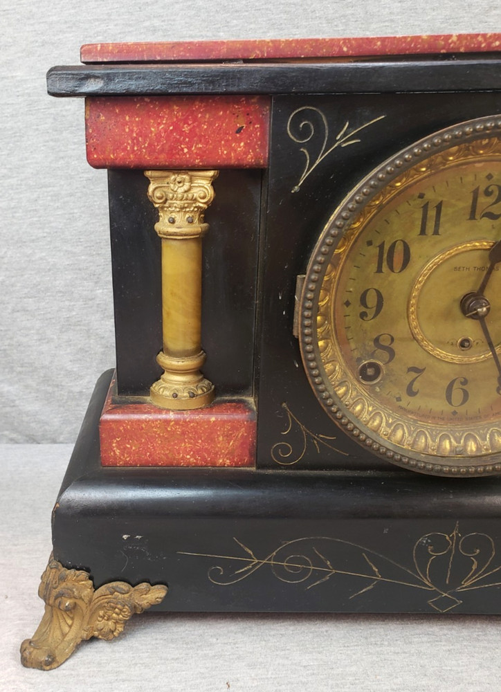 Antique Seth Thomas Red & Black Two Column Adamantine Mantel Clock & Pendulum PR