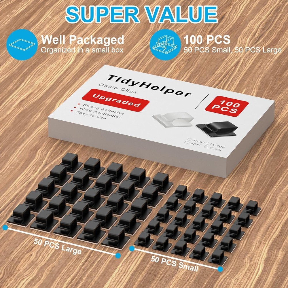 100 PCS Adhesive Cable Clips Black (Small & Large), Small&Large,