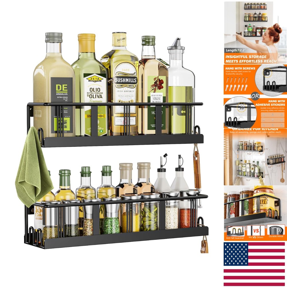 Stylish Iron Spice Rack Set - 2 Pack Hanging Organizer for Kitchen Efficiency