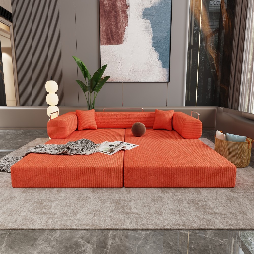 Sleeper Sofa Bed 2-Seater Convertible Couch Corduroy Foam Orange