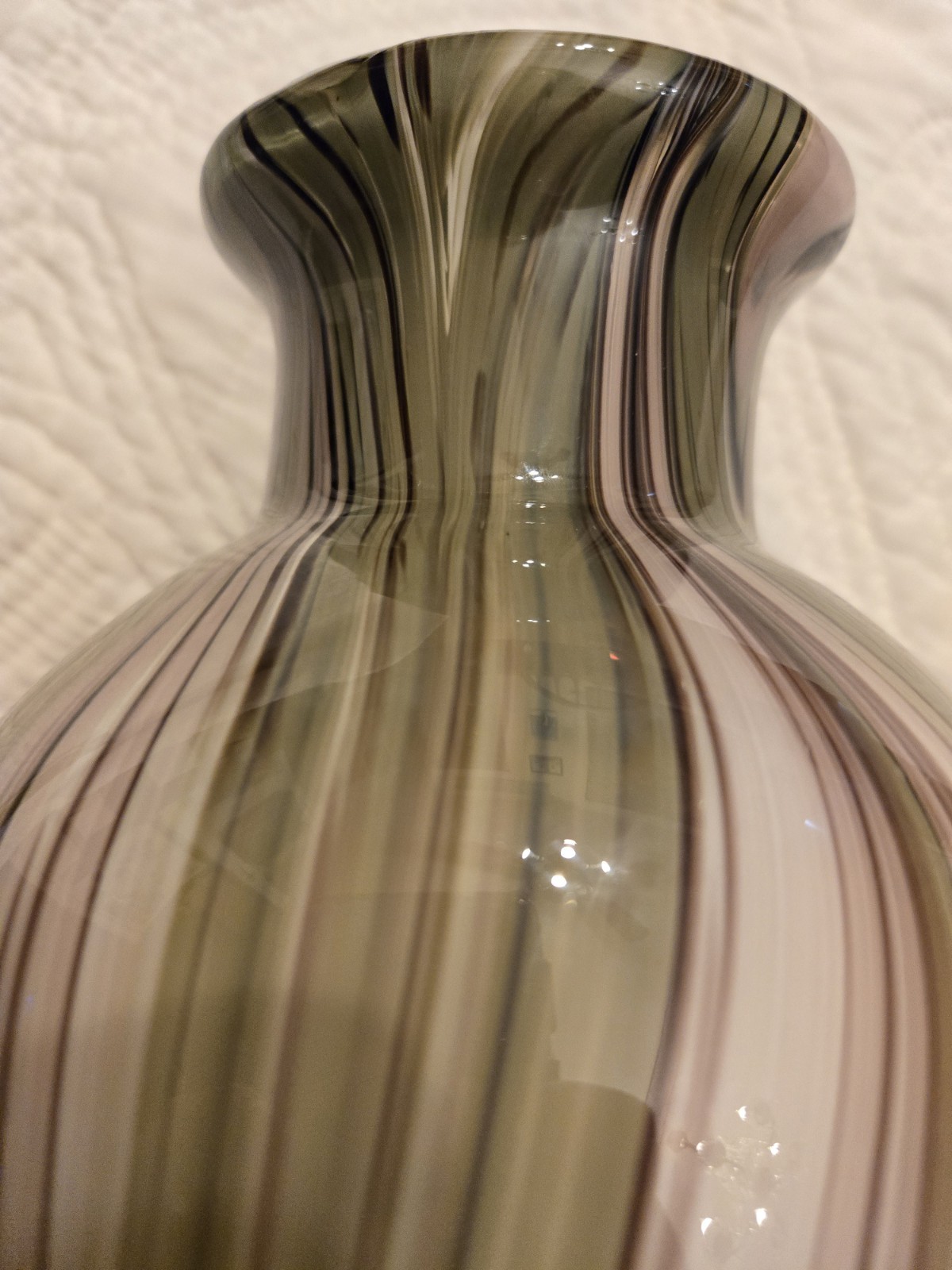 Vintage Heavy Murano Glass Vase Stripes Swirls 12" Hand Blown Green Purple 60s ?