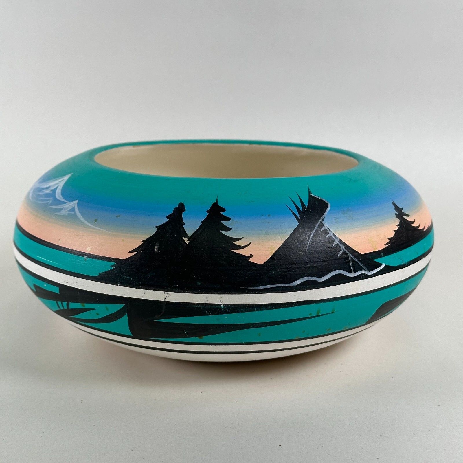 Navajo Pottery Bowl Hand Painted Forest Scenes - Signed