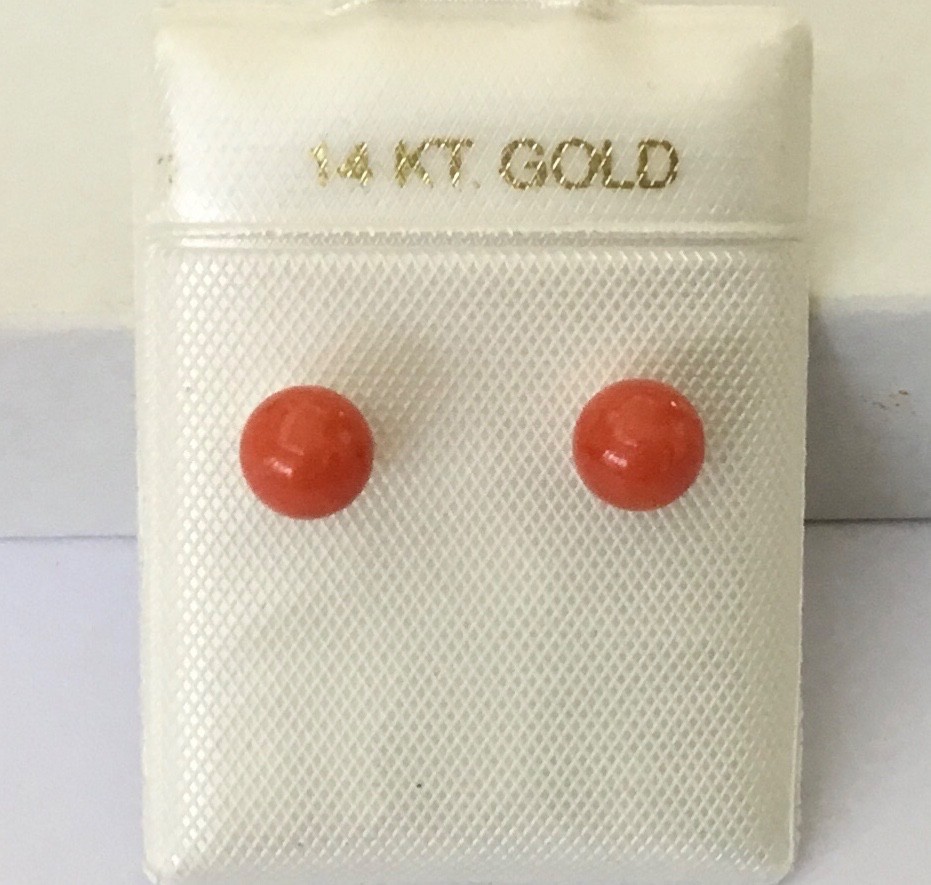 Small  14K Gold  Genuine  Natural  REAL Red Coral  5 mm Ball  Stud  Earrings NEW