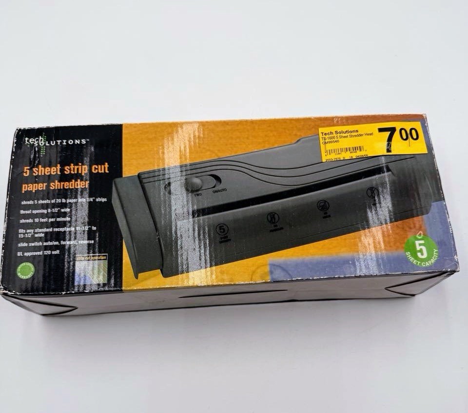 Tech Solutions 5-Sheet Strip Cut Paper Shredder – Open Box