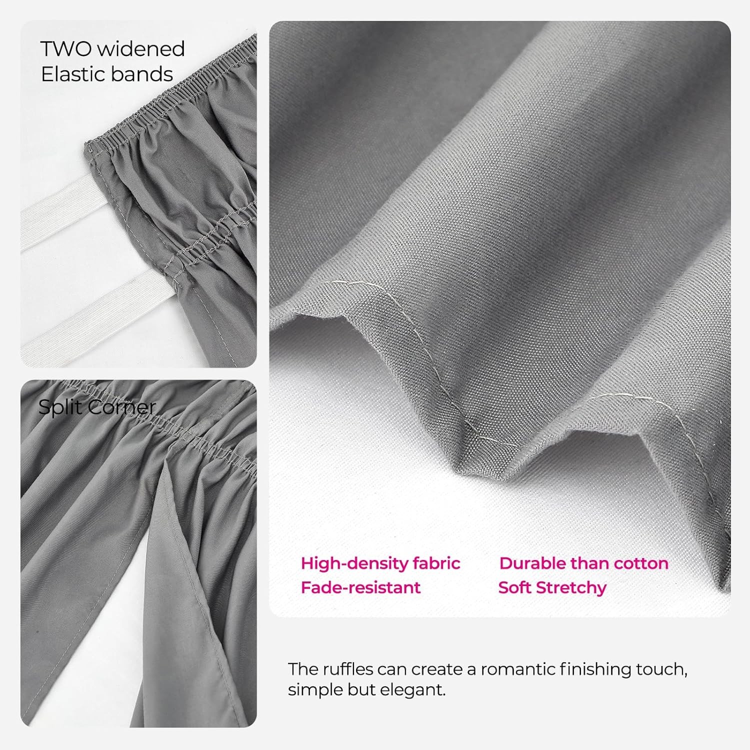 Grey Bed Skirts with Split Corners Queen Size 15 Inch Drop,Elastic Bed Skirting