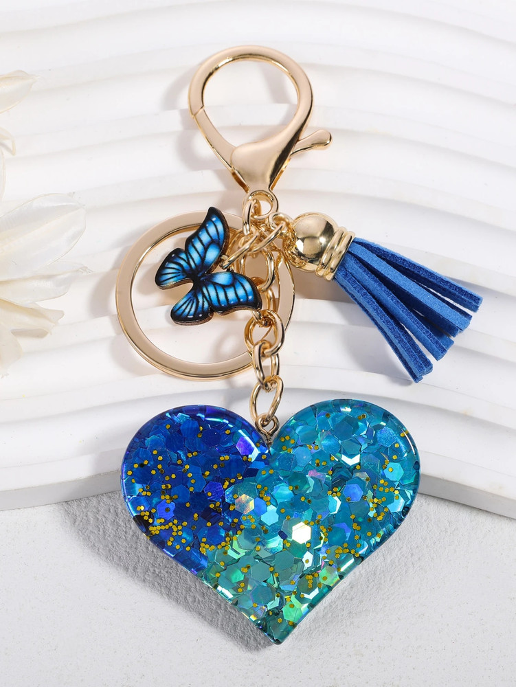 Acrylic Sequin Glitter Heart  Key Ring Purse Backpack Charm Keychain