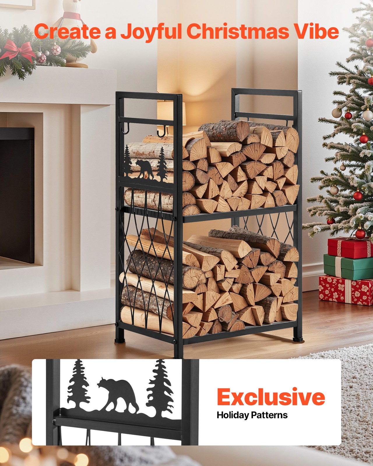 VEVOR 2 Tier Indoor Firewood Rack with Fireplace Tools 1.3 ft Log Wood Holder