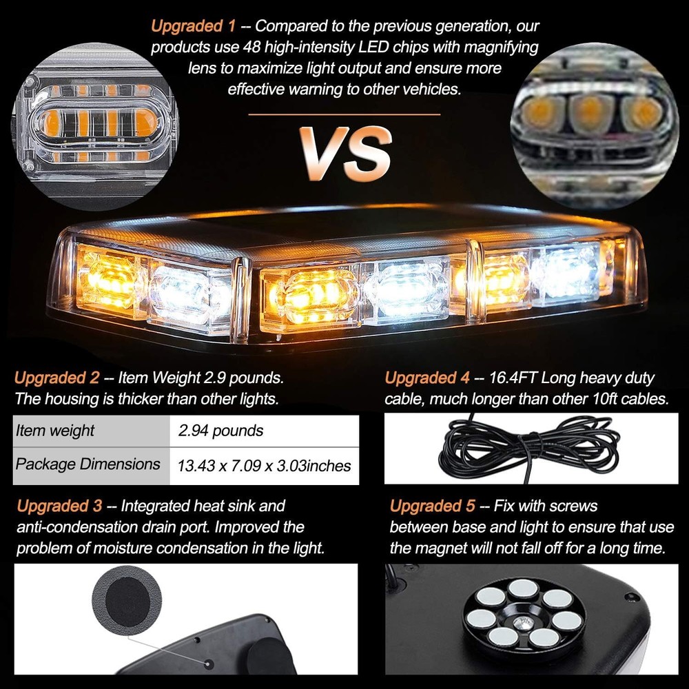 48 LED Strobe Beacon Light Rooftop Emergency Warning Hazard White Amber