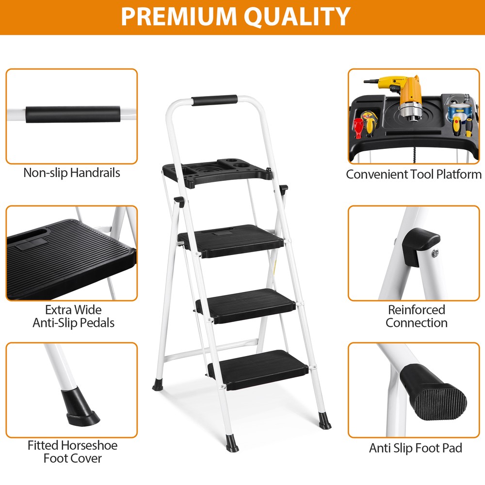 3 Step Ladder with Tool Platform Folding Step Stool with Anti-Slip Pedal White