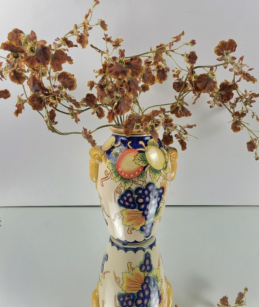 Decorative Vase - Hand-painted Fruit Pattern, Sculpted Handles