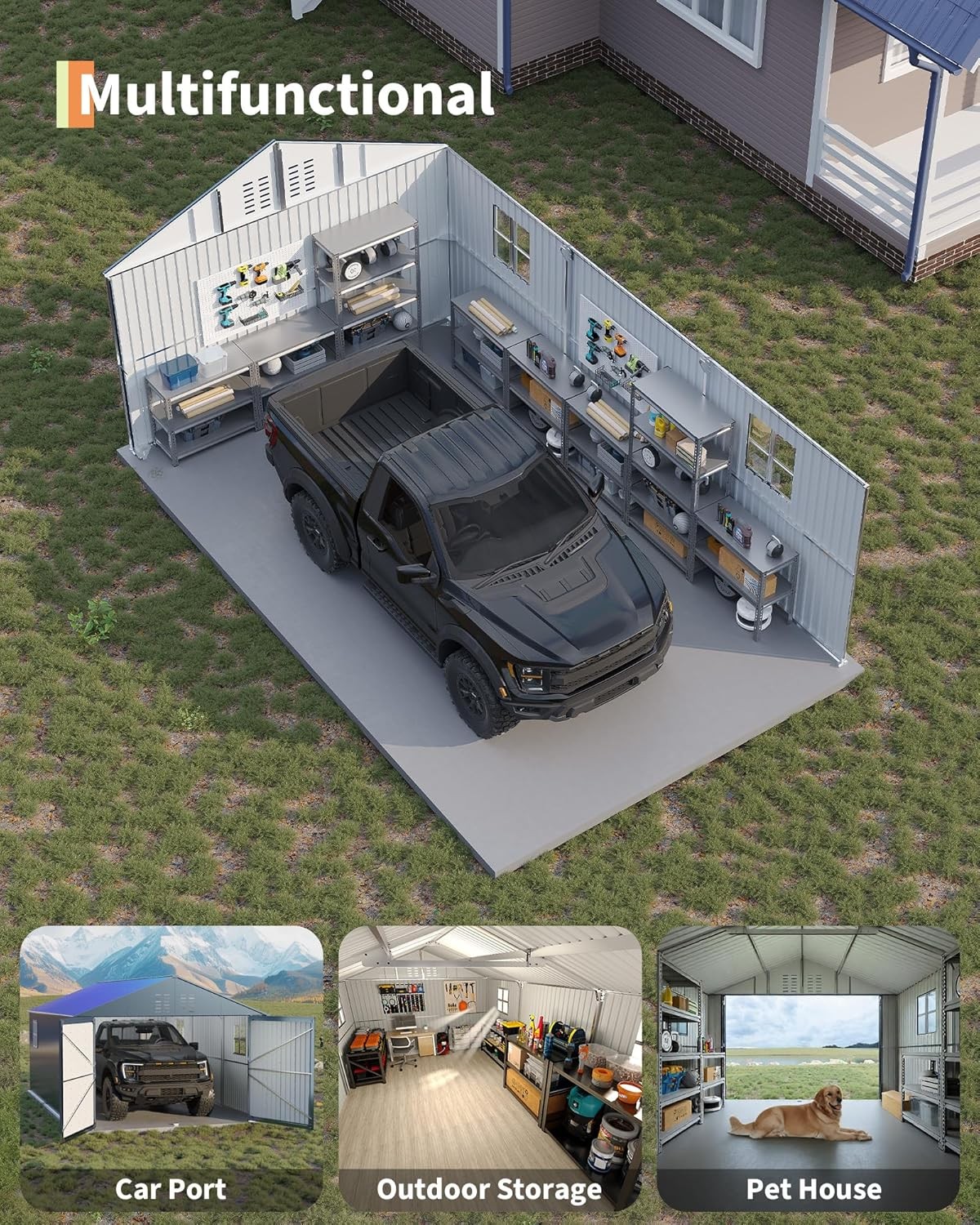 12X20 FT Metal Enclosed Carport Metal Garage Shed Heavy Duty Galvanized Steel