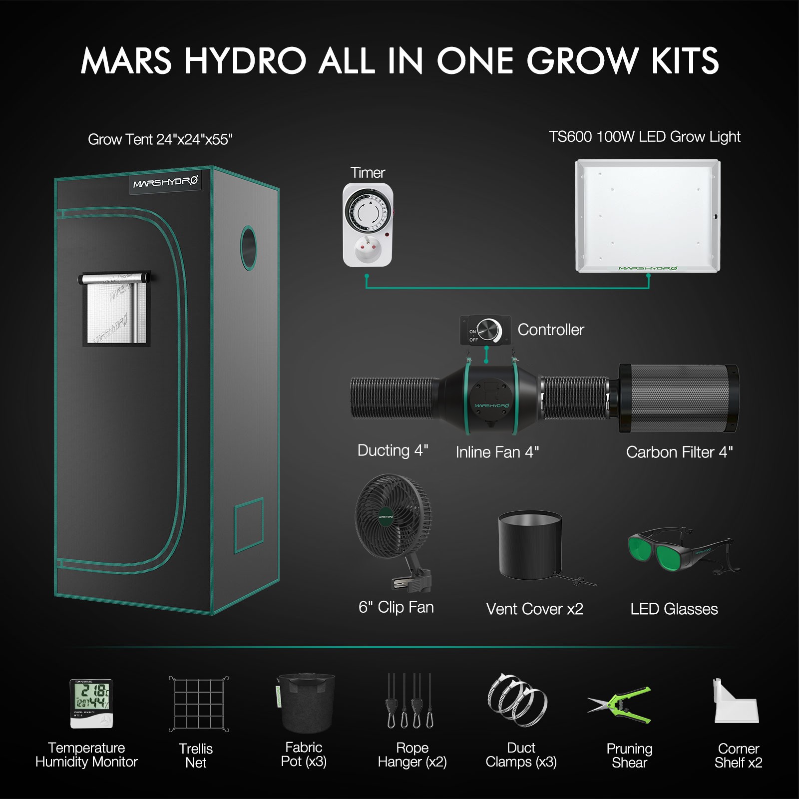 Mars Hydro TS 600 150W Complete Grow Tent Kit with Inline Fan