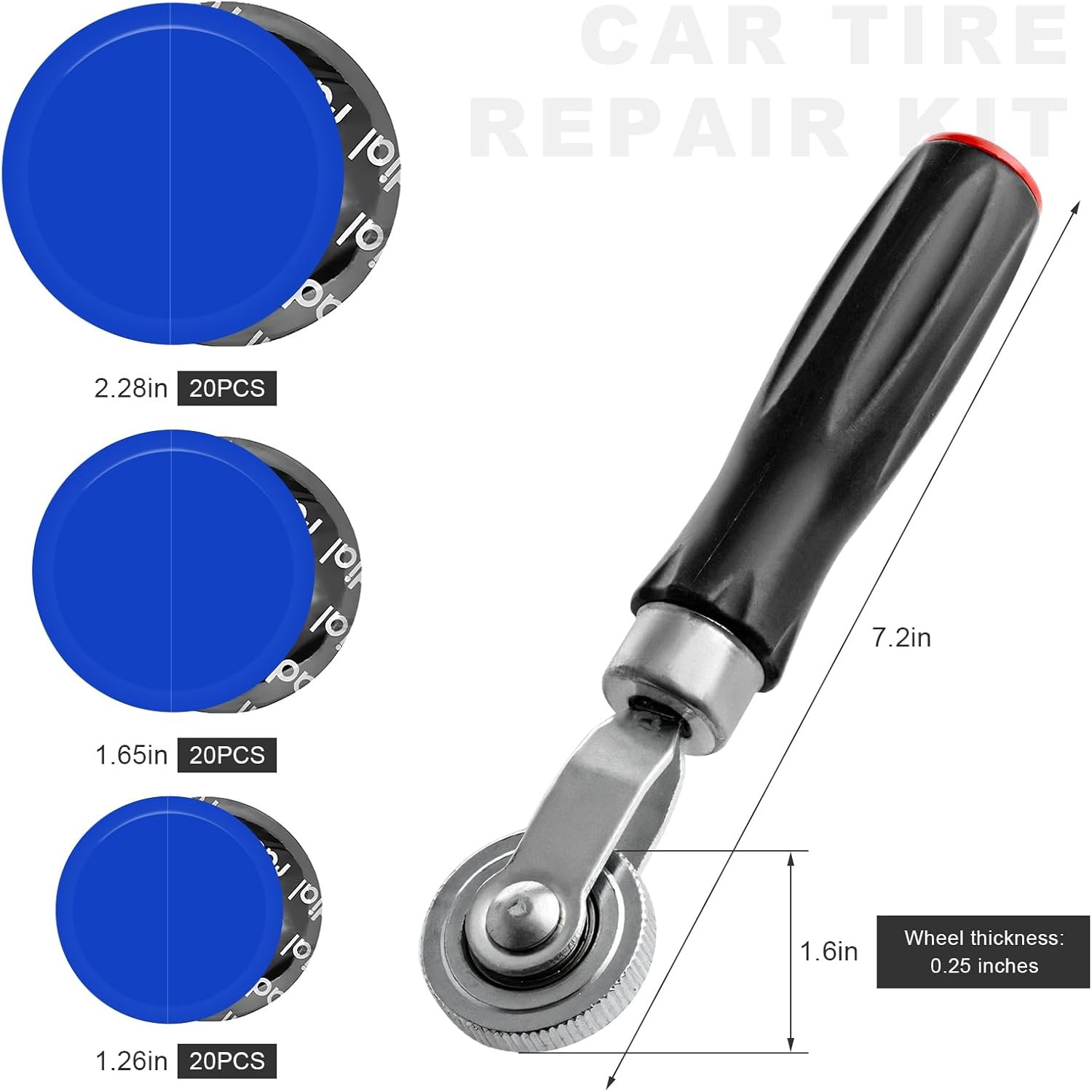 60PCS Tire Patch Kit, 32mm 42mm 58mm Round Rubber Tire Patches with Roller, Univ