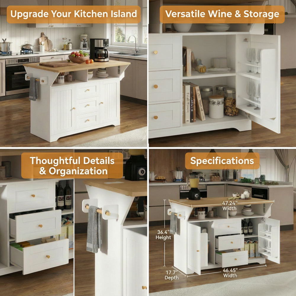 Kitchen Island w/ Power Outlet Wheels, Extendable Dining Table Storage White