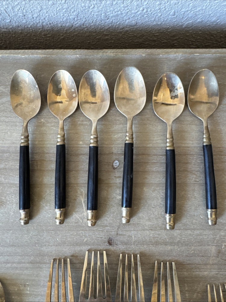 Vintage Brass & Black Bakelite Set Flatware Silverware 32 Piece Set