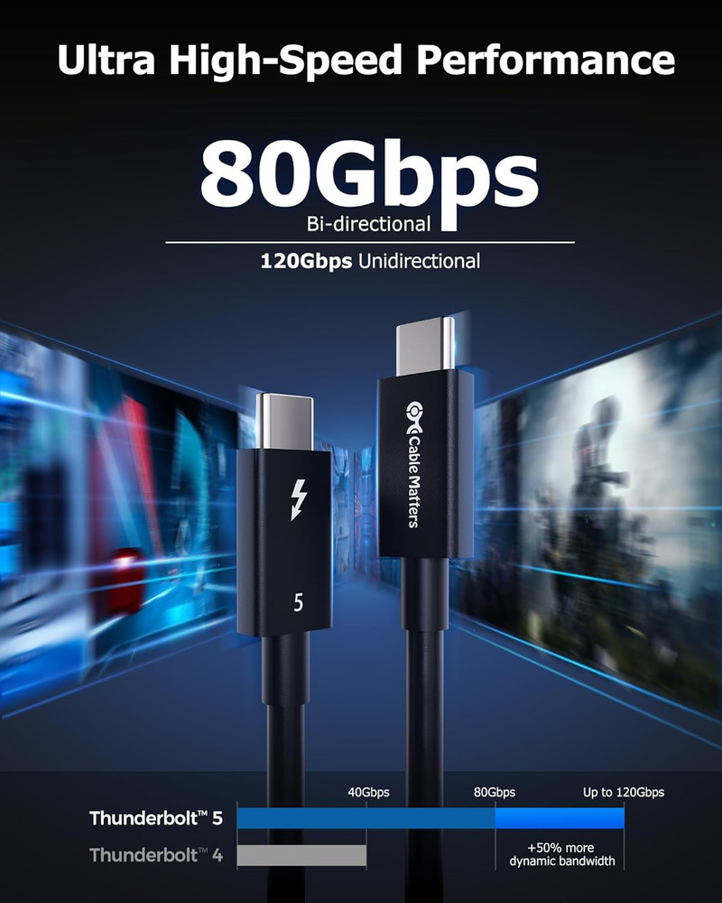 Cable Matters [Intel Certified 80Gbps Thunderbolt 5 Cable - 1m / 3.3ft, Supports