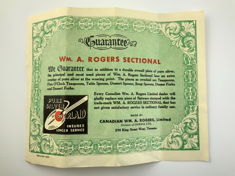 Canadian WM A Rogers Sectional Guarantee Document Silverware AA164