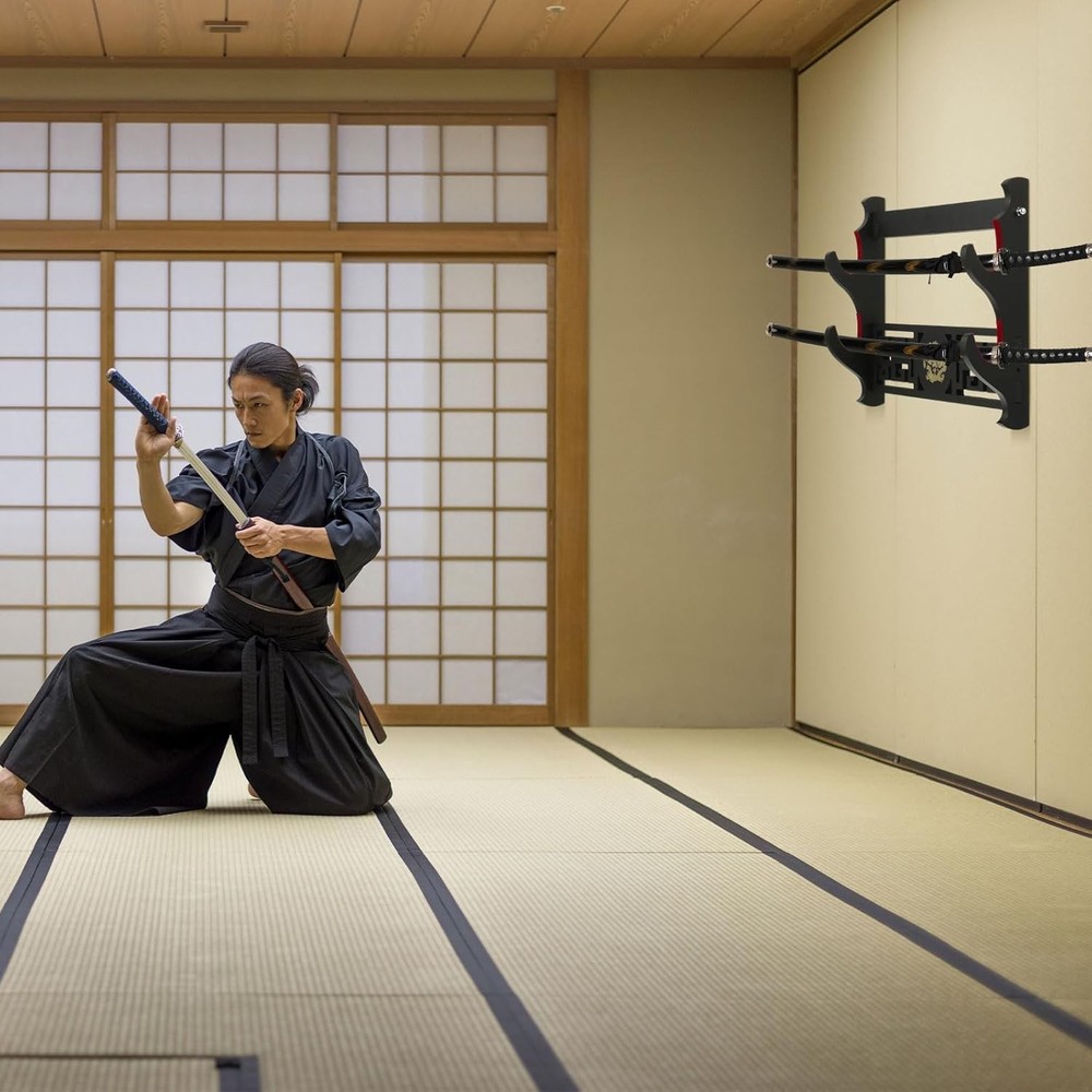 Barydat Katana Sword Holder Stand Wall Mount Samurai 2 Tier, black