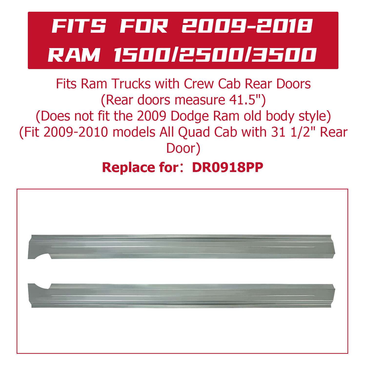 Slip-on Rocker Panels PAIR For 09-18 Dodge Ram 1500 2500 3500 Crew Cab 4DR Truck