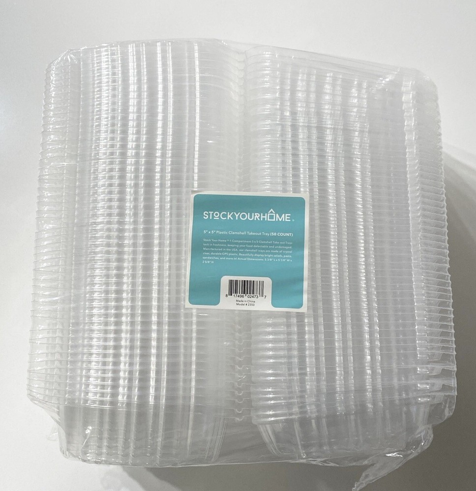 Take-Out Containers Clear Hinged Clam Shell Boxes (50 Pack) 5"x 5"x 3. New