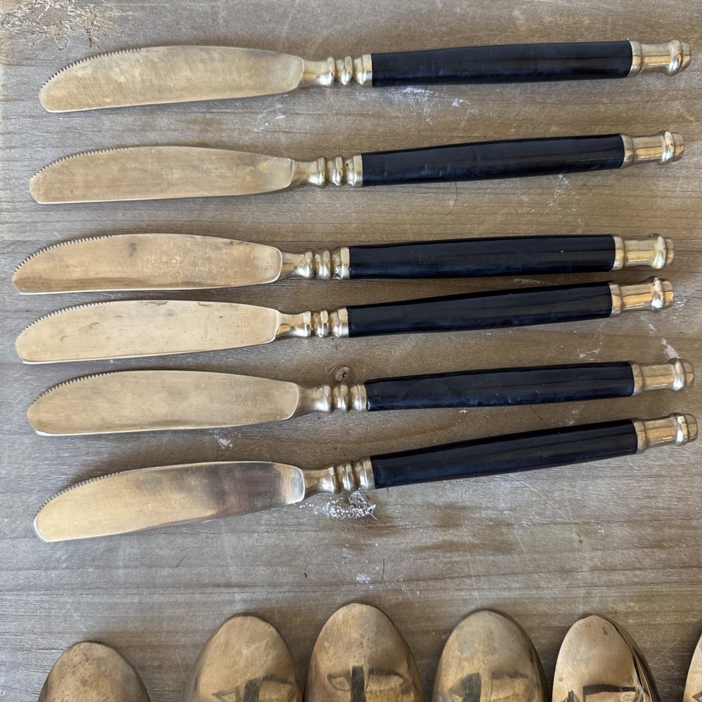 Vintage Brass & Black Bakelite Set Flatware Silverware 32 Piece Set