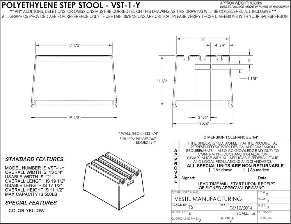 Vestil VST-1-Y Polyethylene Step Stool 1 Step Yellow