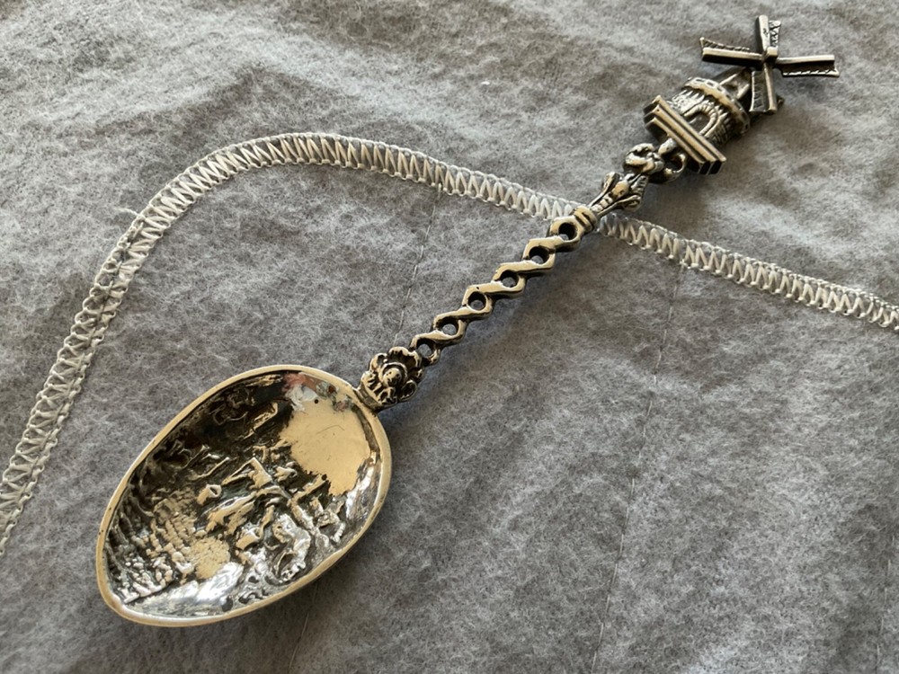 Antique Dutch German 800 Silver teaspoon Repousse Cows Movable Windmill