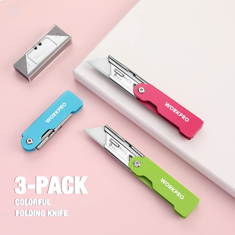 WORKPRO 3-Pack Folding Utility Knife Set, Quick Change Blade Box Cutter, Razo...